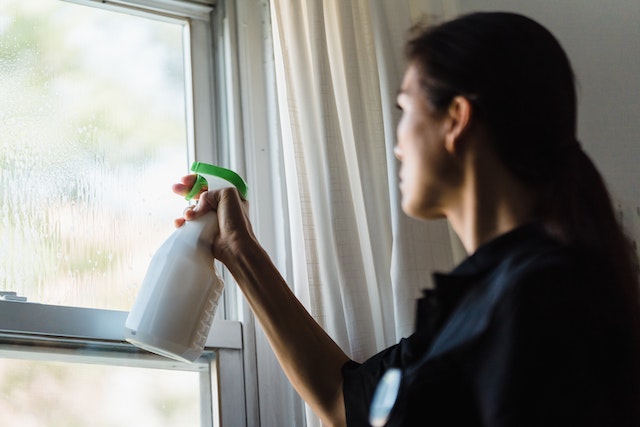 cleaner using a spray bottle to clean a window